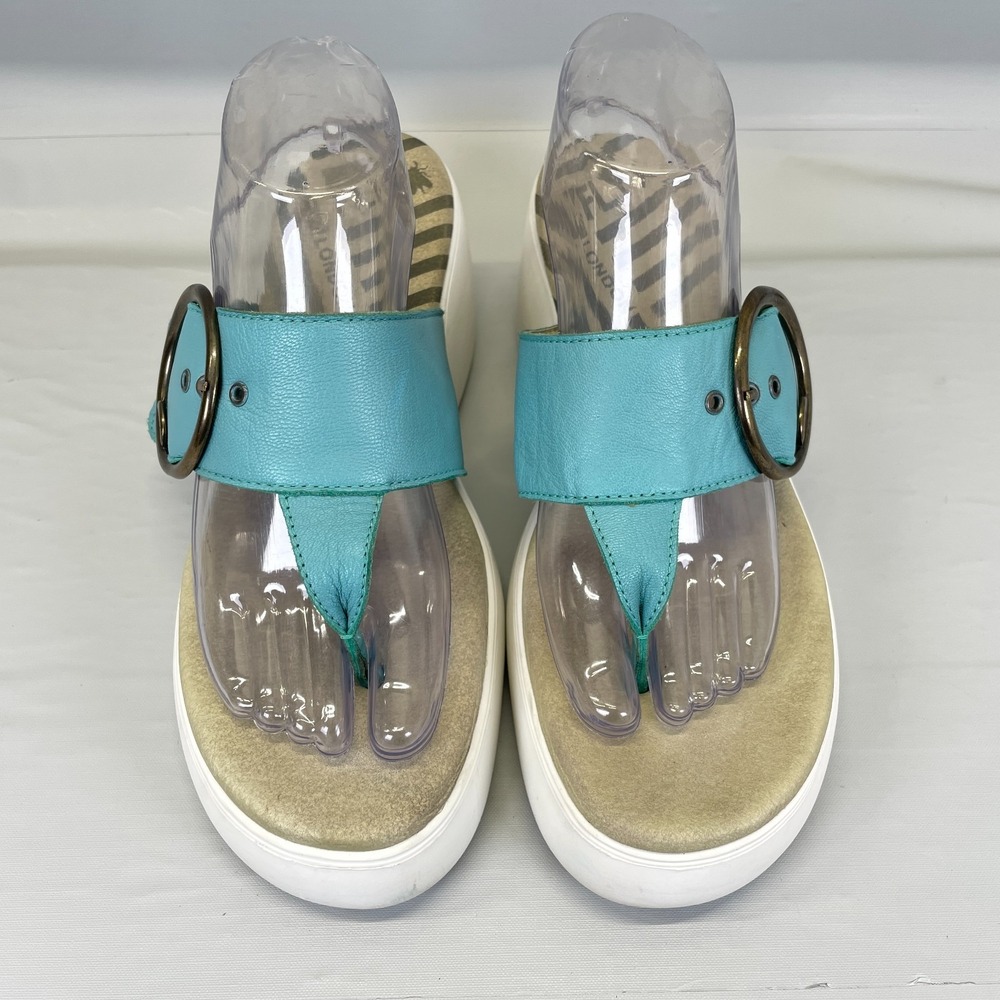 Fly London Dafi Wedge Sandals Womens Size 41 US 10 Blue Leather Buckle Shoes - Picture 4 of 10